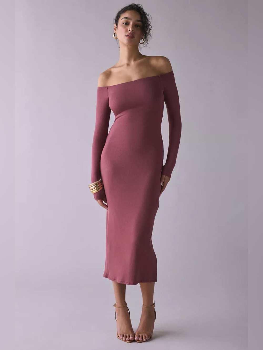 Urban Outfitters | Lyss Jersey Knit Off-The-Shoulder Long Sleeve Midi Dress New